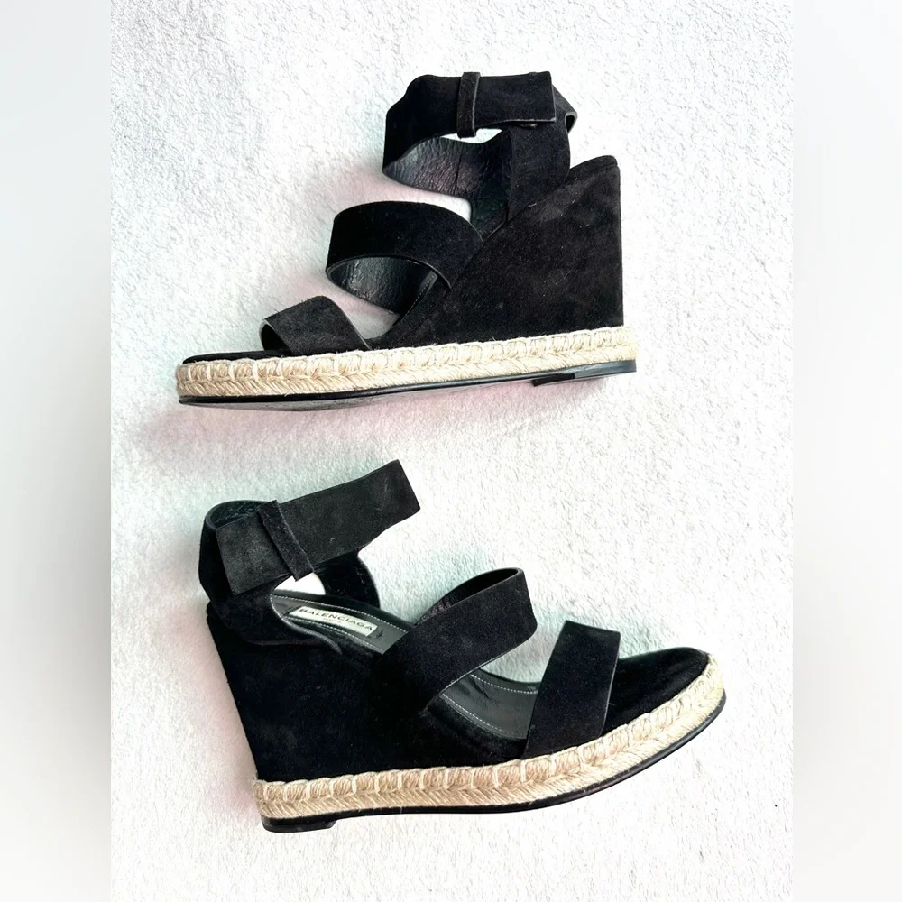 EUC Balenciaga Suede Platform Sandals Black sz 7 EU‎ 37 rope track leather wedge
